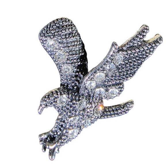 Silver-Tone Adjustable Eagle Ring With Rhinestone Accents And Textured Detailing - Picture 1 of 4